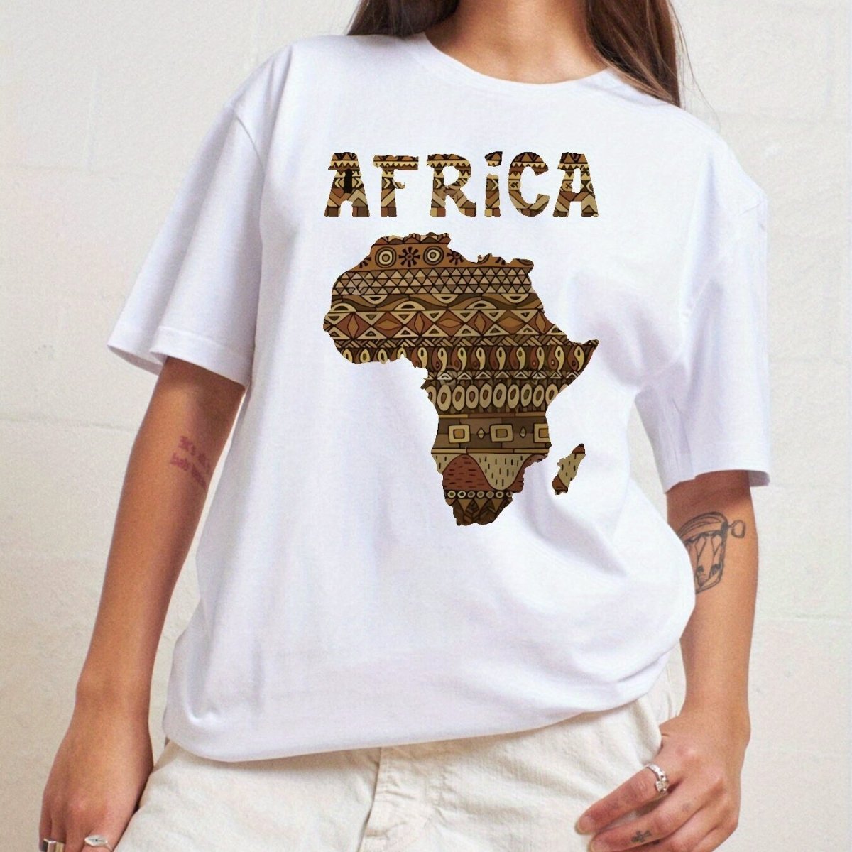 100% Cotton Women's Casual Short Sleeve Top with Africa Map Graphic Print - Round Neck, Comfortable Fit, Classic Design, and Traditional African Patterns - Free Delivery Worldwide only at Flexi Africa