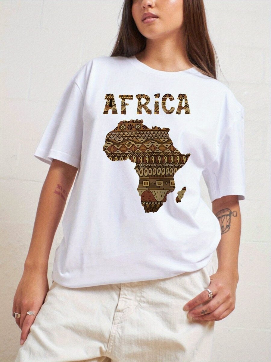 100% Cotton Women's Casual Short Sleeve Top with Africa Map Graphic Print - Round Neck, Comfortable Fit, Classic Design, and Traditional African Patterns - Free Delivery Worldwide only at Flexi Africa