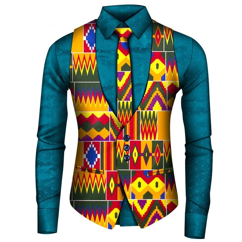 2024 New African Style Vest Men Africa Print Formal Business Casual Slim Vests Shirts Tie Set Men Prom Wedding Party Waistcoa - Free Delivery Worldwide only at Flexi Africa