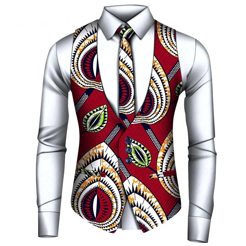 2024 New African Style Vest Men Africa Print Formal Business Casual Slim Vests Shirts Tie Set Men Prom Wedding Party Waistcoa - Free Delivery Worldwide only at Flexi Africa