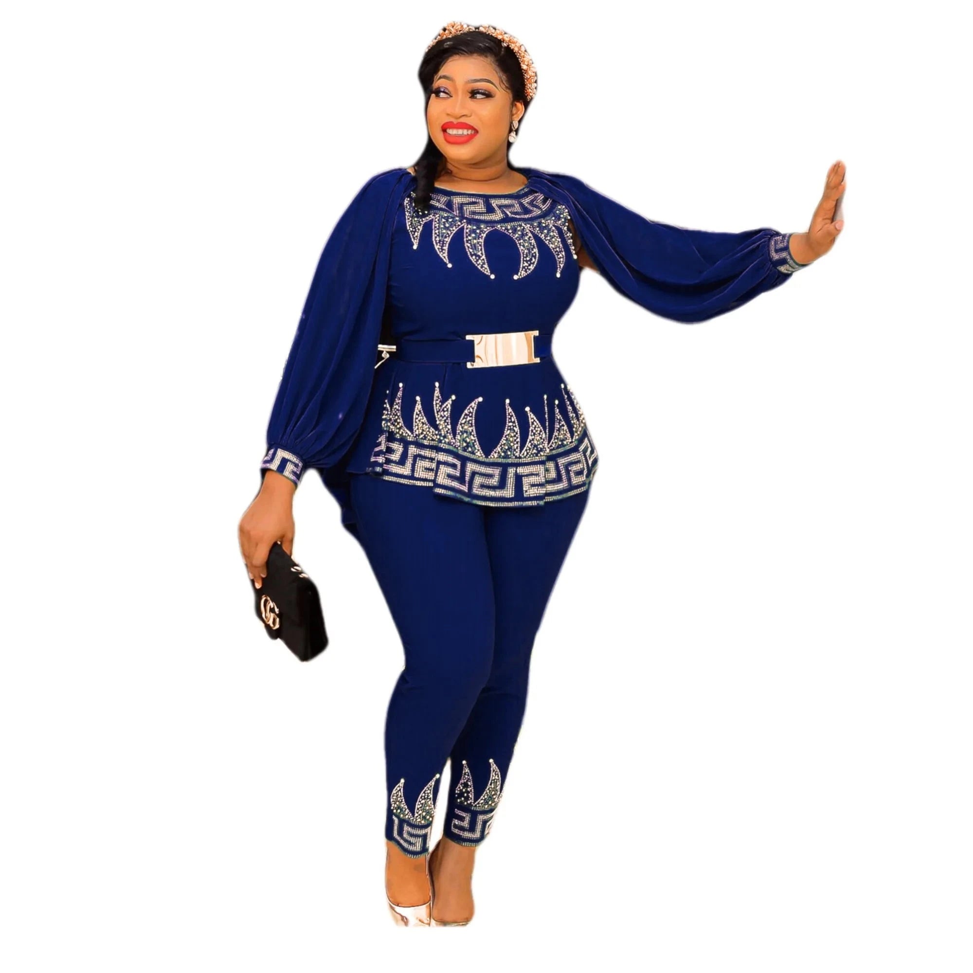 3PC Stunning Fashion Rhinestone Waist Top with Slim Fit Pants Set and Belt - Flexi Africa - Flexi Africa offers Free Delivery Worldwide - Vibrant African traditional clothing showcasing bold prints and intricate designs