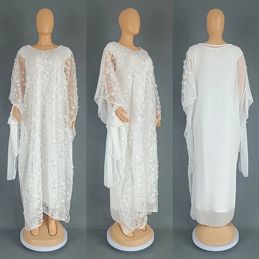 3PCS African Dresses for Women Muslim Sequins Flower Abaya Kaftan Moroccan Caftan Dashiki Robe Ankara Traditional Boubou Dress - Free Delivery Worldwide only at Flexi Africa