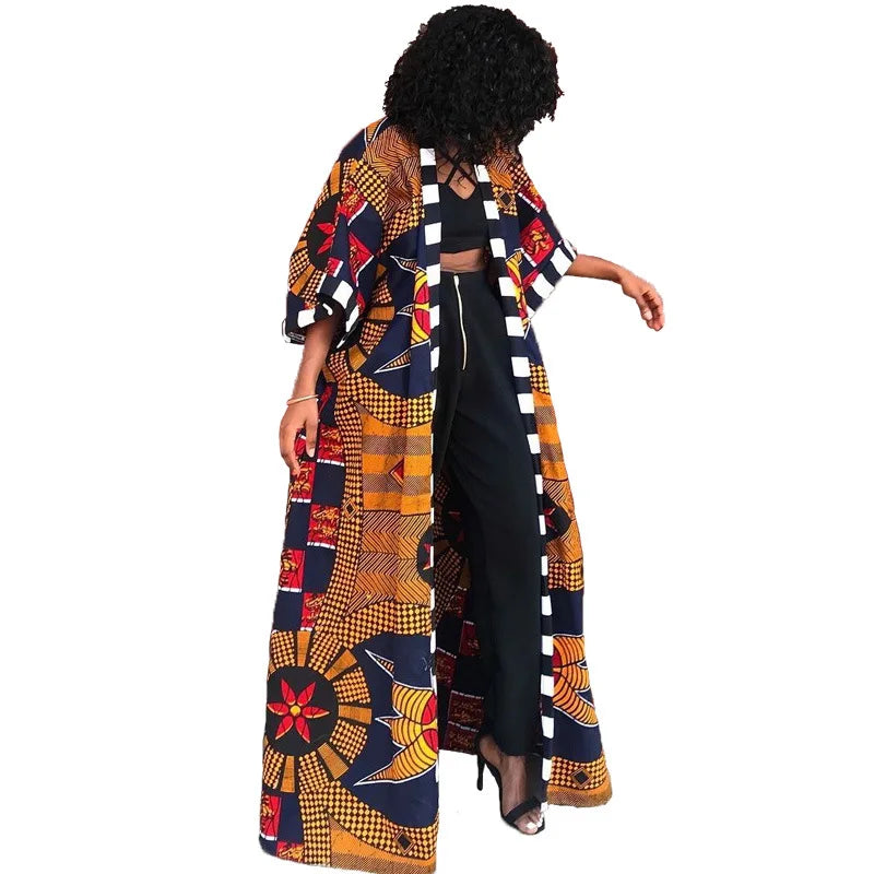 Women's African Dashiki Long Shirt Dress – Autumn Winter Print Cardigan Coat