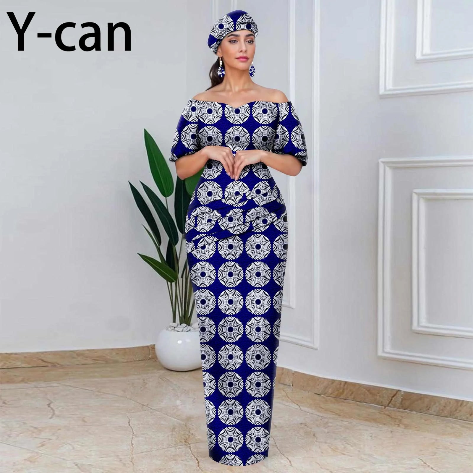 Elegant African Off-Shoulder Maxi Dress with Matching Headscarf & Earrings
