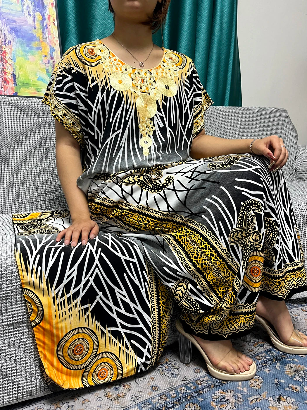 Women Print Appliques Cotton Traditional Kanga Clothing Loose Femme Robe African Nigeria Dresses With Turban - Flexi Africa - Flexi Africa offers Free Delivery Worldwide - Vibrant African traditional clothing showcasing bold prints and intricate designs