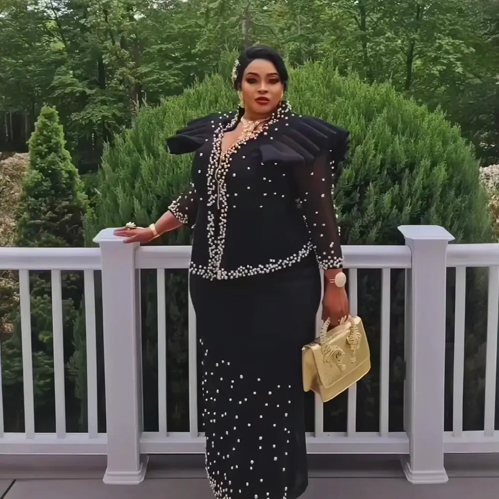 Elegant African Women’s Dress Suit – Luxury Mesh Fabric Fashion