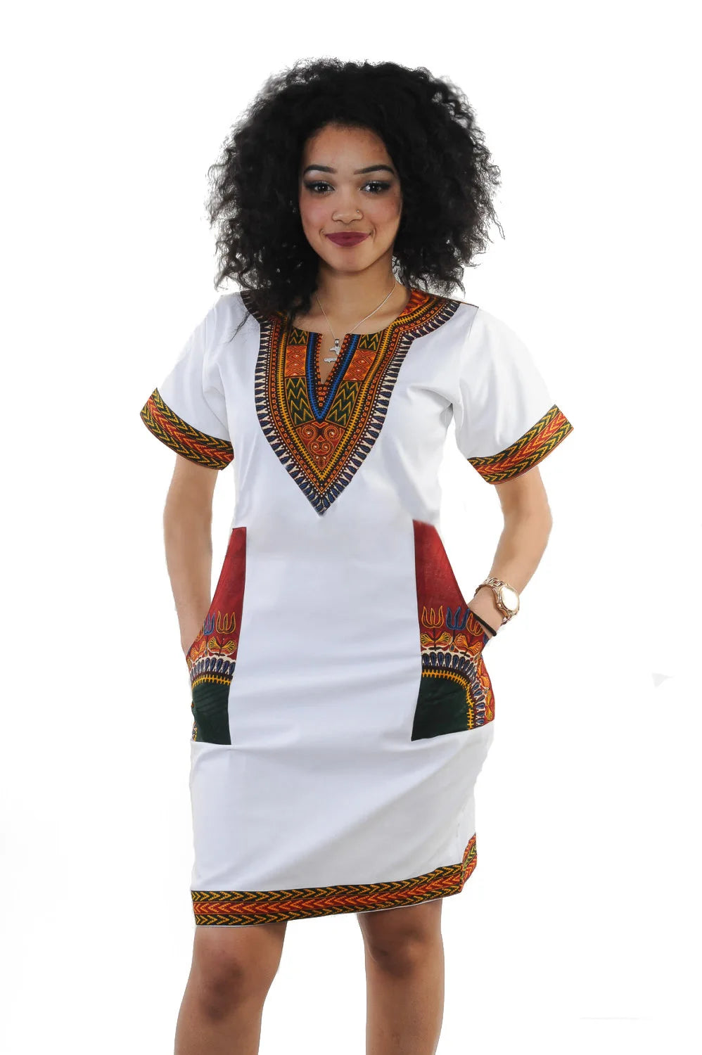 Stylish African-Inspired Knee-Length Dress – Short Sleeve V-Neck for Women