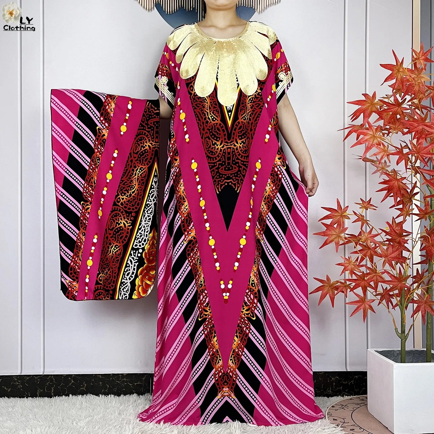 Elegant African Style Cotton Abaya Dress for Women with Patterned Print - Loose Fit Short Sleeve Muslim Rob