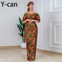 Elegant African Off-Shoulder Maxi Dress with Matching Headscarf & Earrings