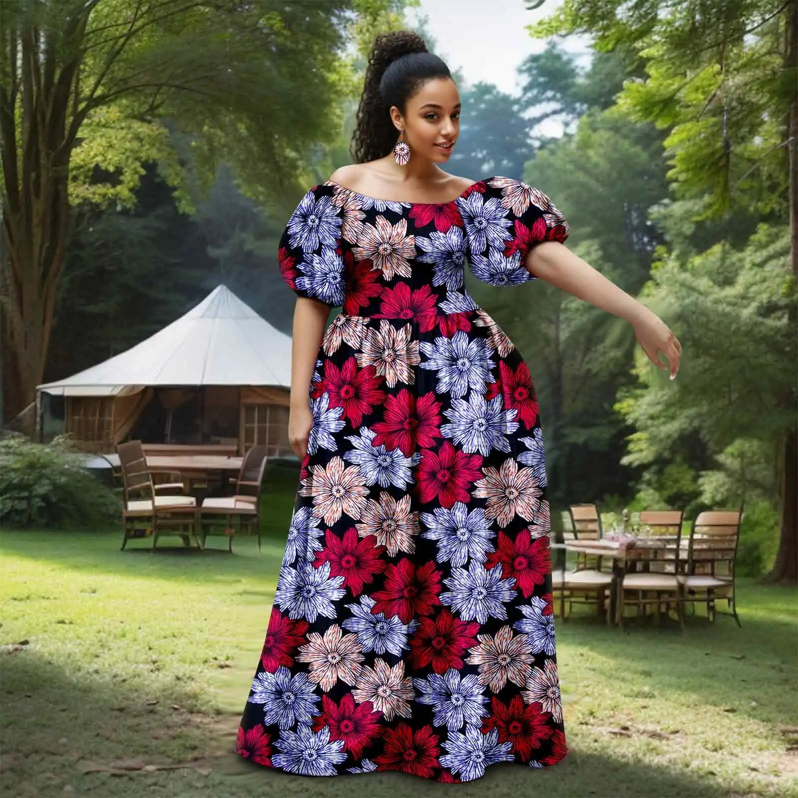 African Women’s Strapless Dress with Bubble Sleeves & Matching Earrings