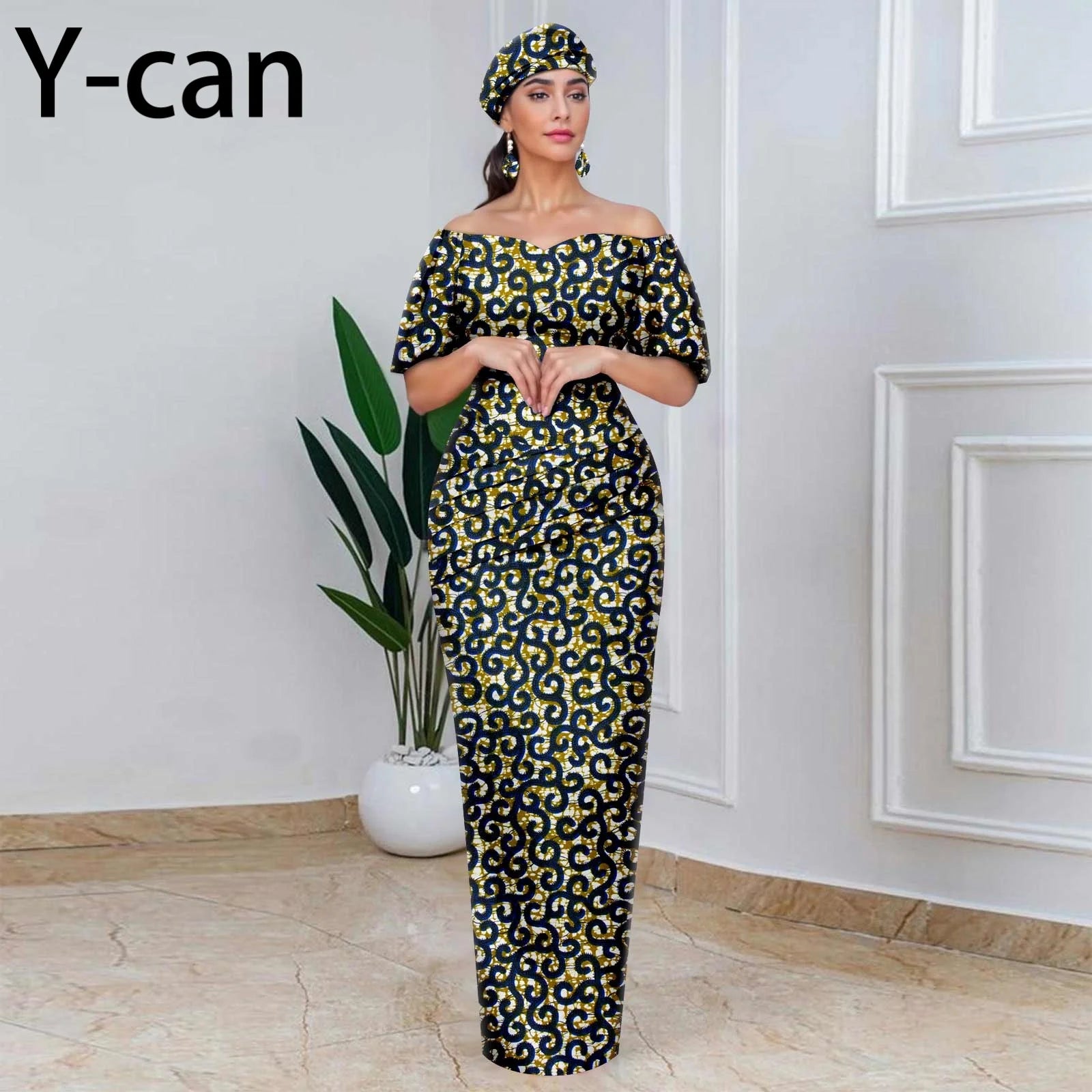 Elegant African Off-Shoulder Maxi Dress with Matching Headscarf & Earrings