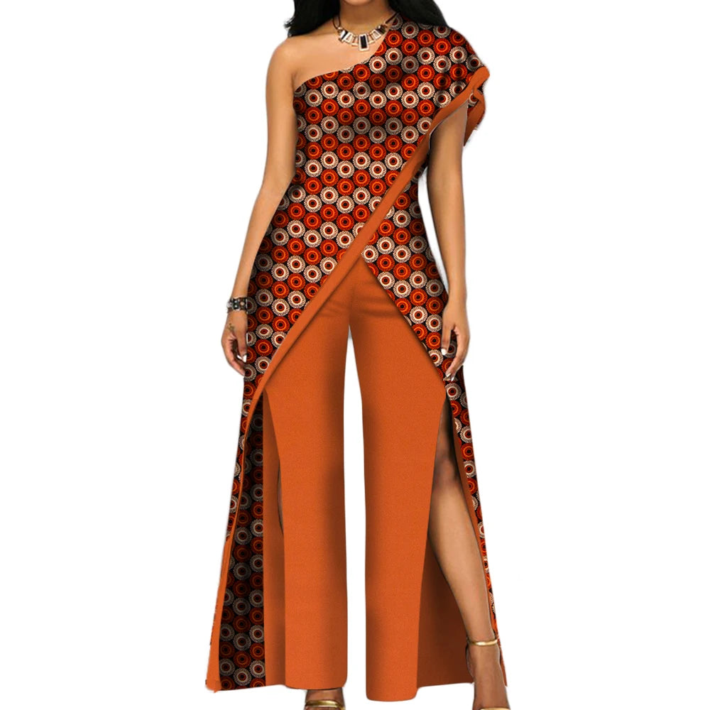 2PC African Women’s Ankara Pant Set – Stylish Off-Shoulder Top and Trousers