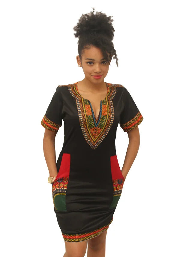 Stylish African-Inspired Knee-Length Dress – Short Sleeve V-Neck for Women