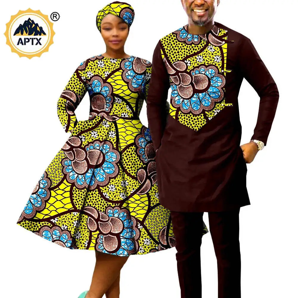 African Print Couples Clothing – Women’s Dress with Headwrap and Men’s Patchwork Top and Pants