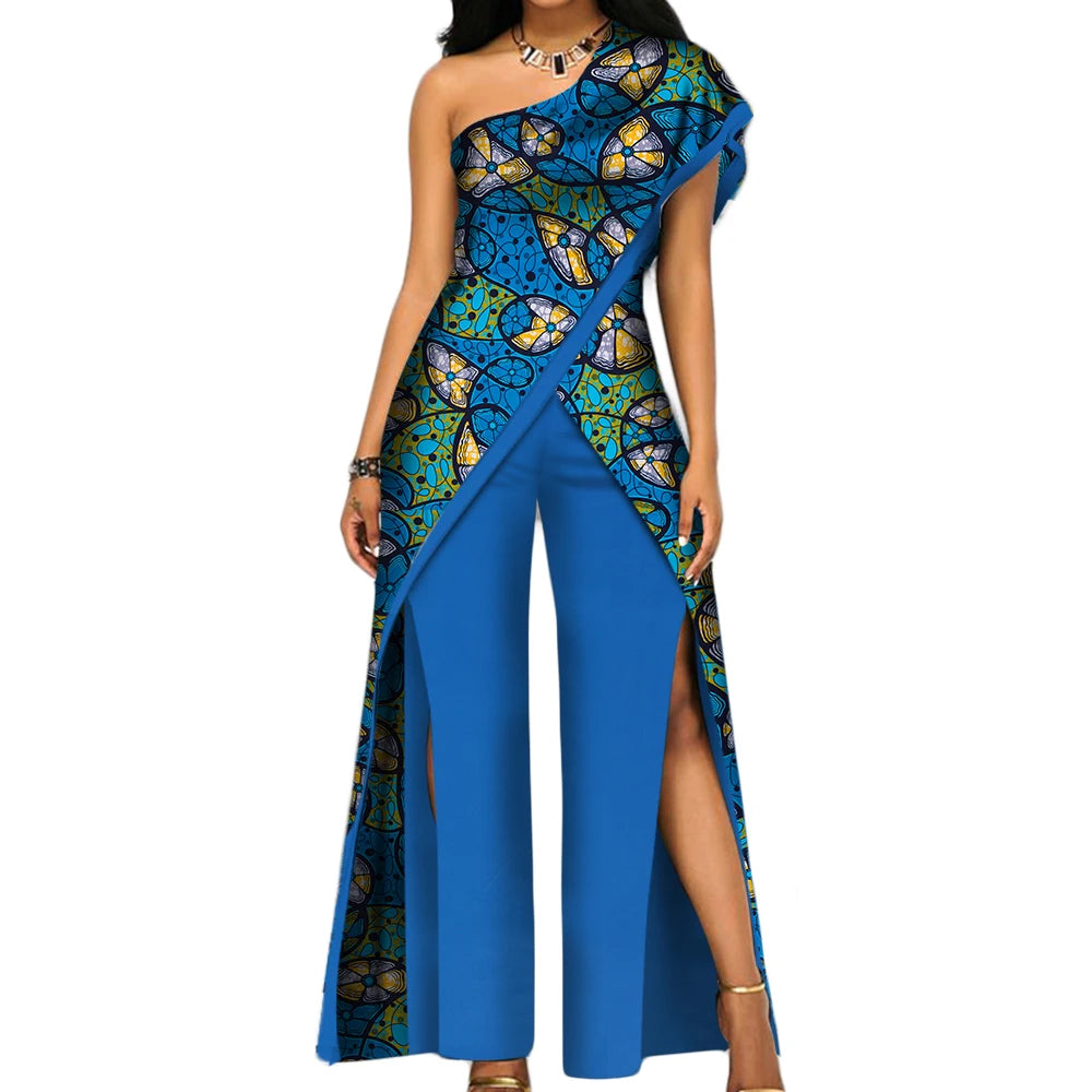 2PC African Women’s Ankara Pant Set – Stylish Off-Shoulder Top and Trousers