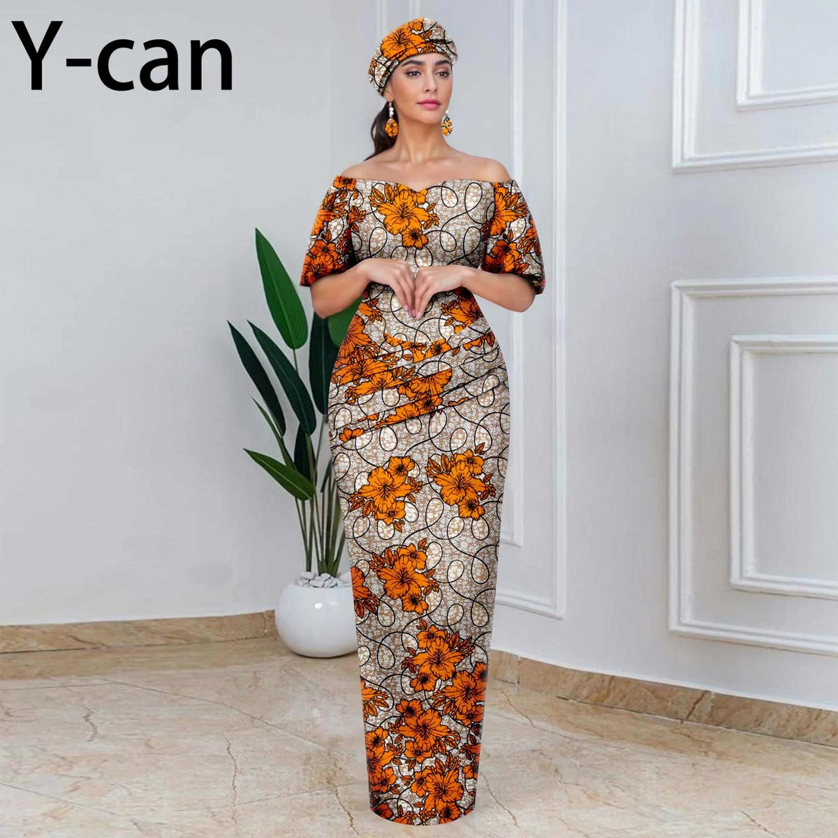 Elegant African Off-Shoulder Maxi Dress with Matching Headscarf & Earrings