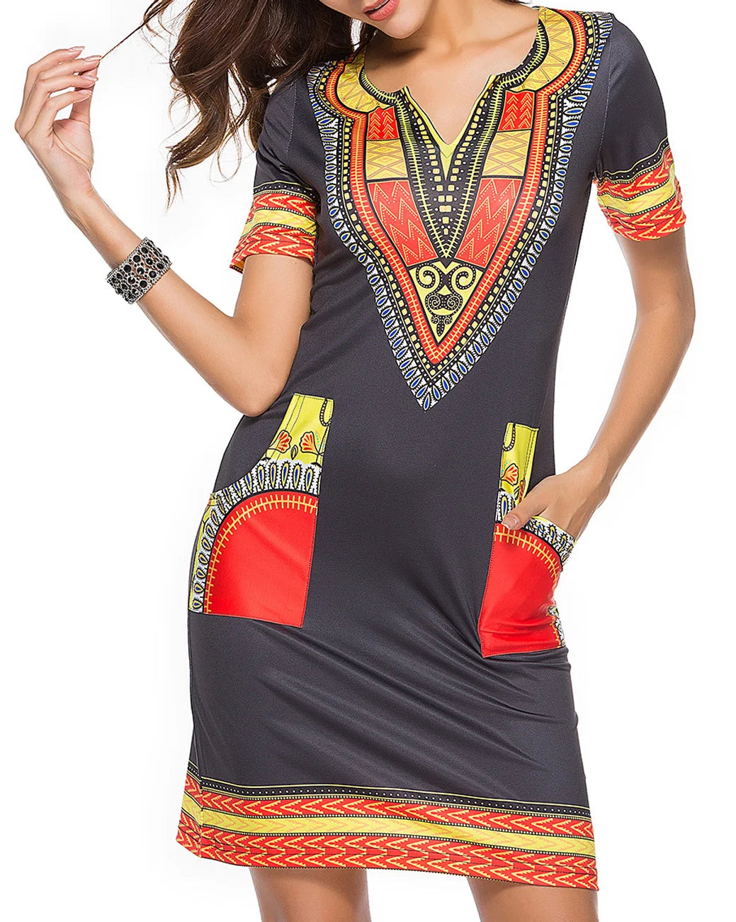 Stylish African-Inspired Knee-Length Dress – Short Sleeve V-Neck for Women