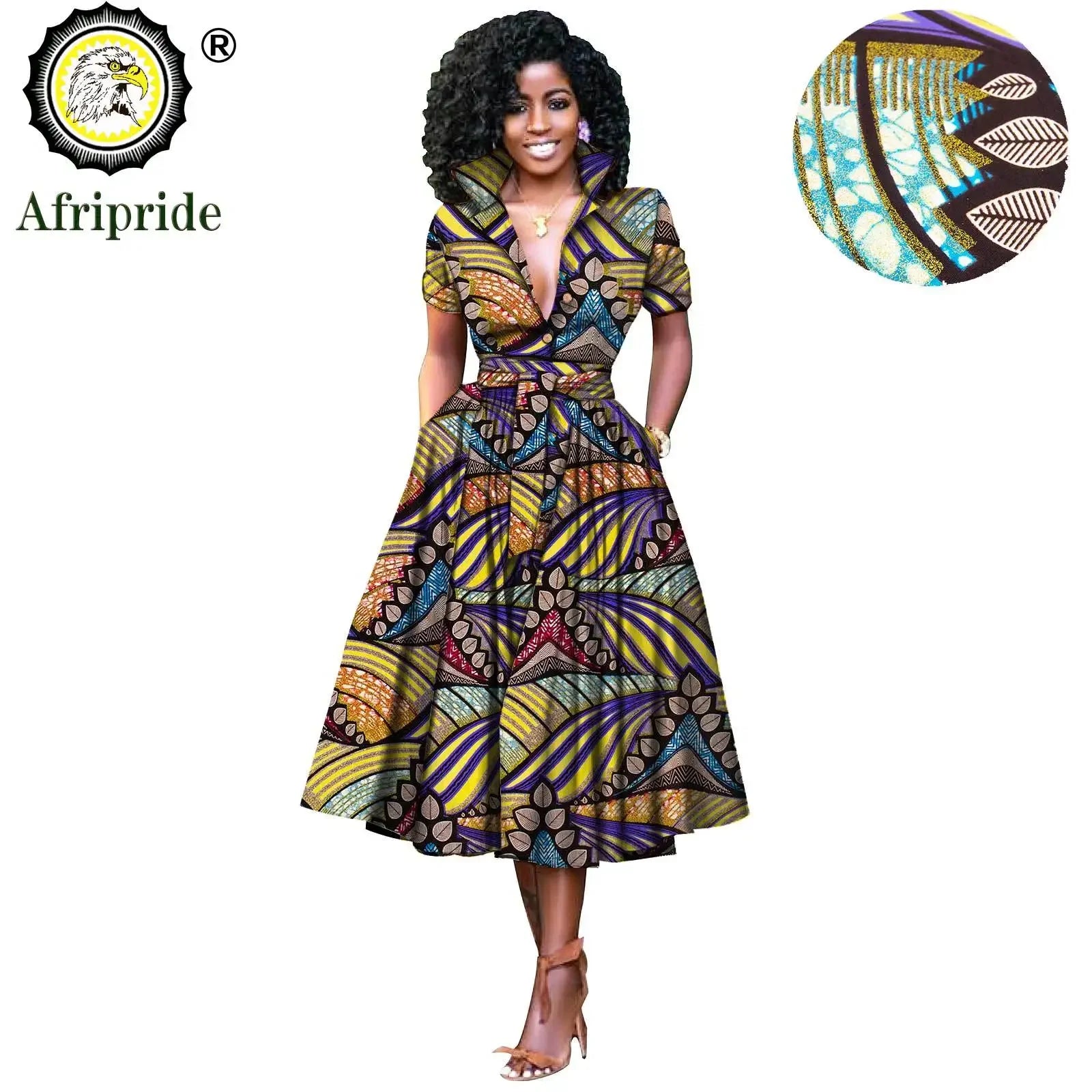 African Women’s Dress – Elegant V-Neck Short Sleeve High-Waist Formal Dress