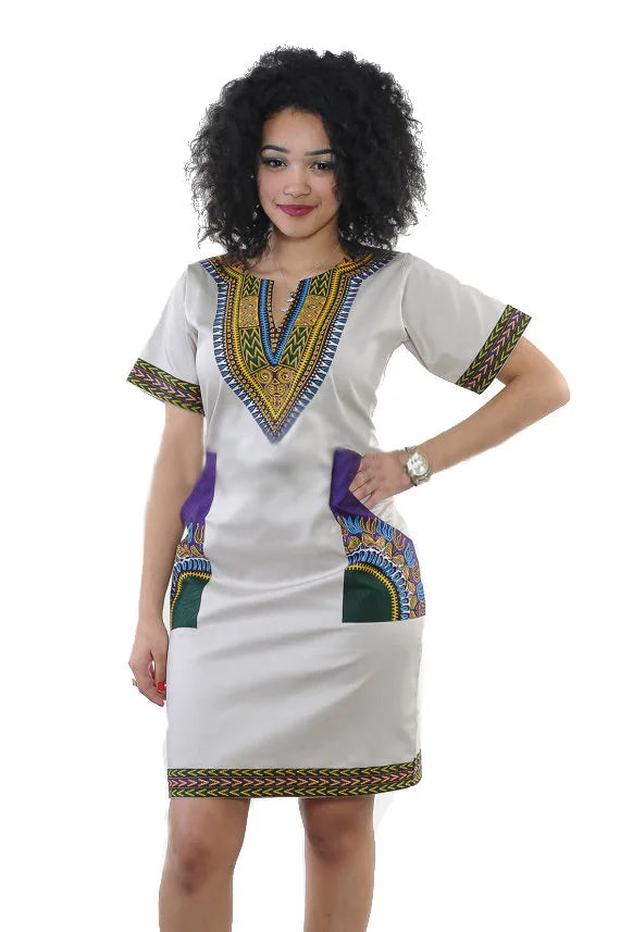 Stylish African-Inspired Knee-Length Dress – Short Sleeve V-Neck for Women