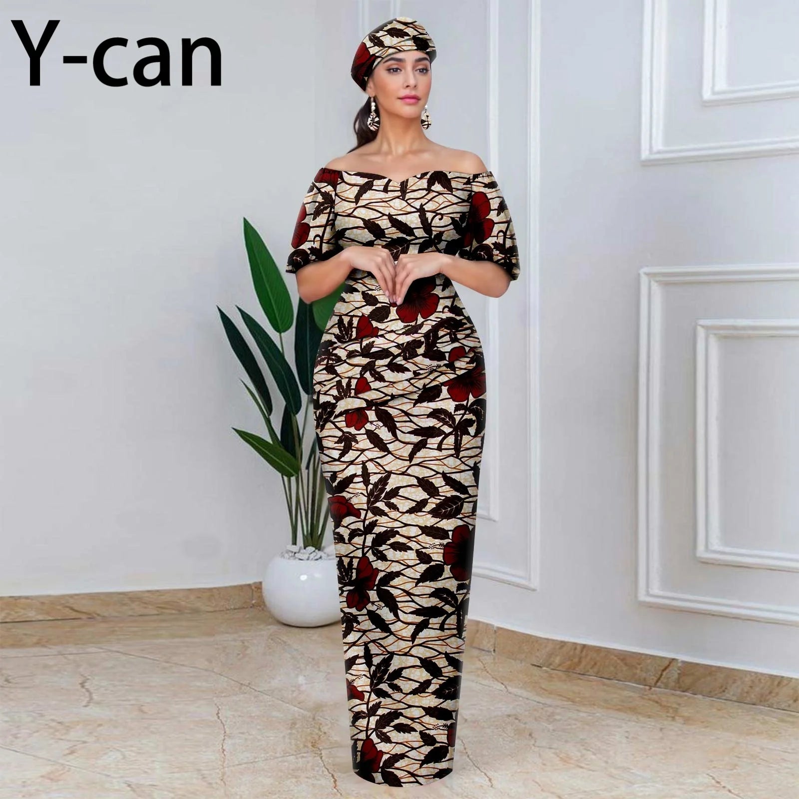 Elegant African Off-Shoulder Maxi Dress with Matching Headscarf & Earrings
