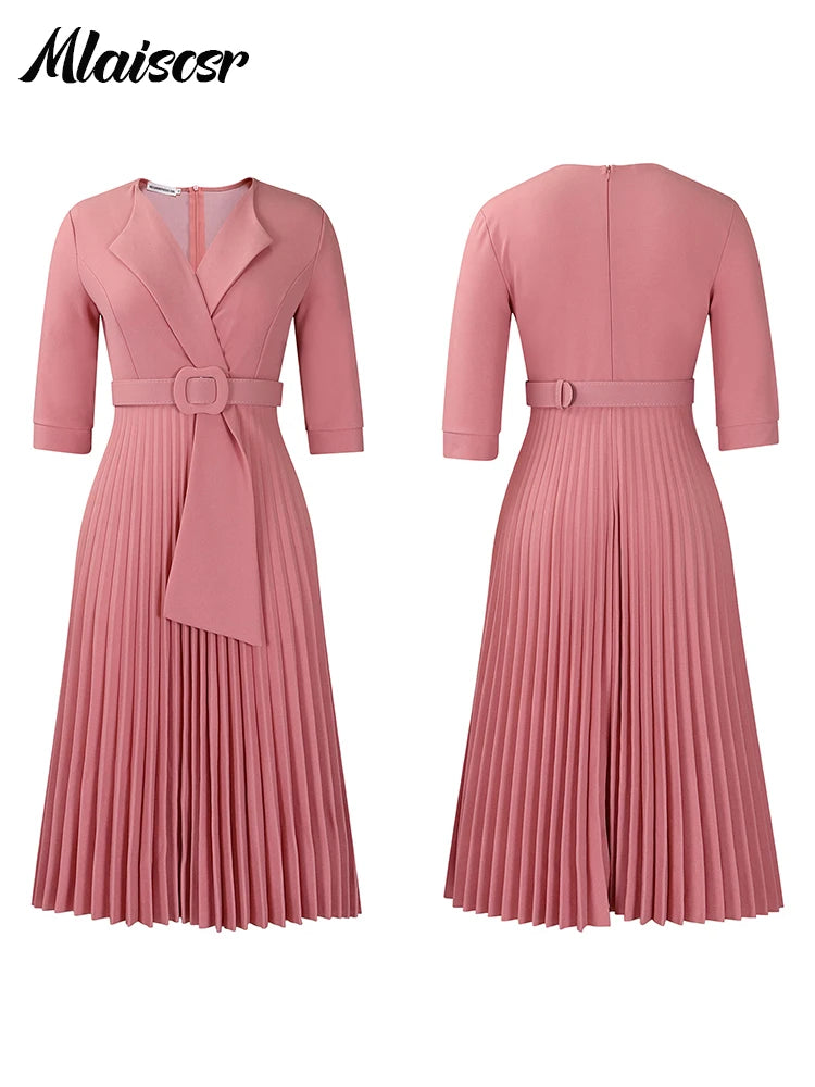 African Pleated A-Line Dress for Women – V-Neck High-Waist Office Dress with Belt