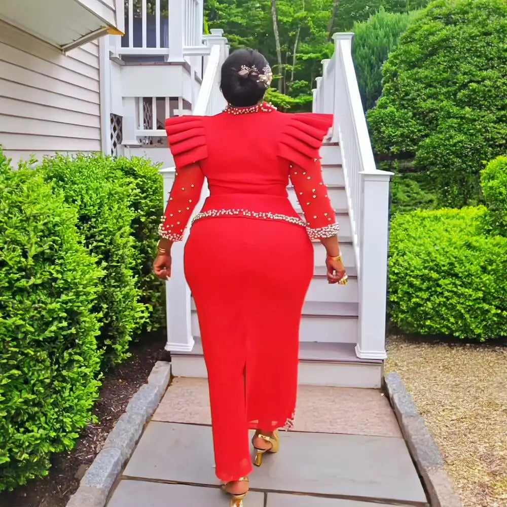 Elegant African Women’s Dress Suit – Luxury Mesh Fabric Fashion