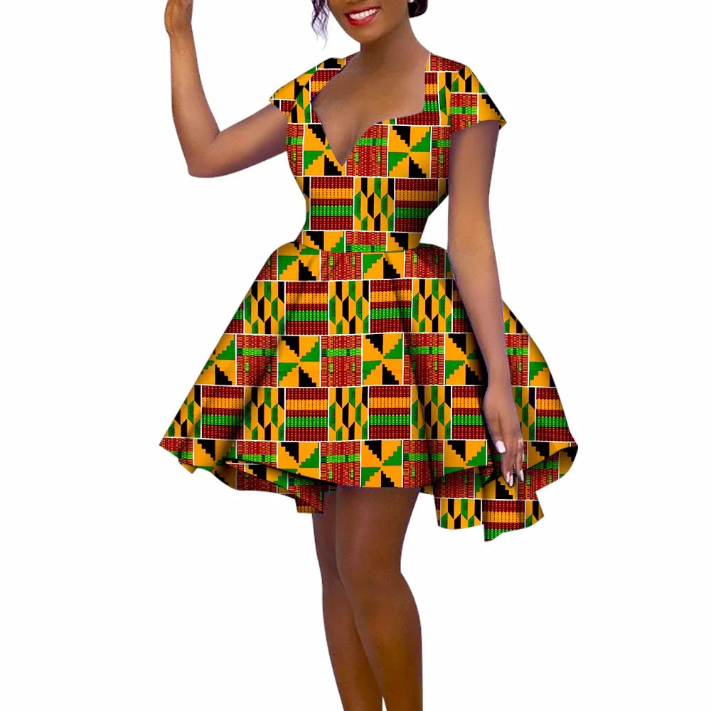 African Women’s Summer Dress – Short Sleeve Ankara Dashiki Print Ball Gown