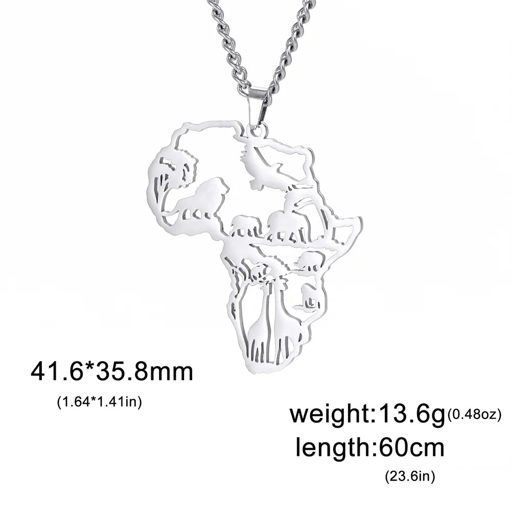 Africa Map Lion Elephant Monkey Giraffe Pendant Necklaces Stainless Steel Animal Chain Choker African Jewelry - Flexi Africa