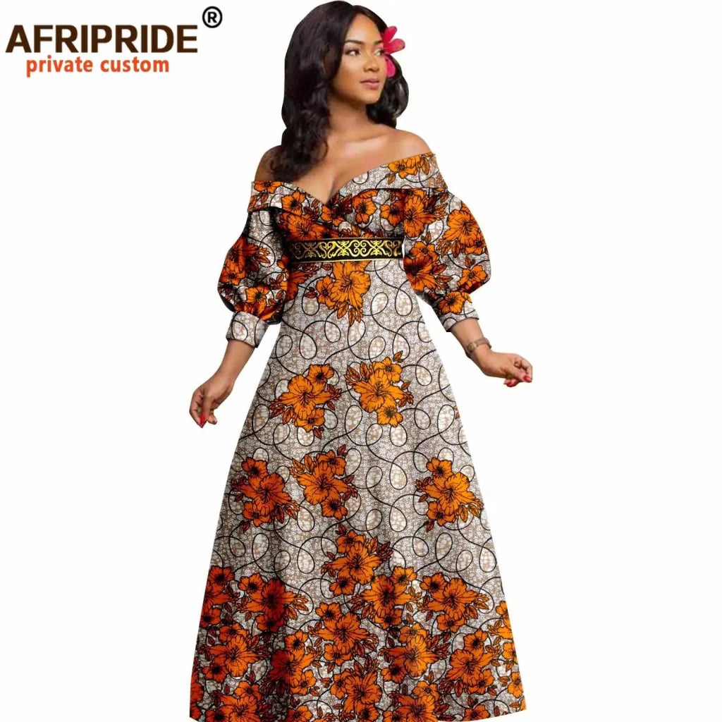 African Ankara Off Shoulder Maxi Dress – Deep V - Neck High Waist Long Dress - Free Delivery Worldwide only at Flexi Africa