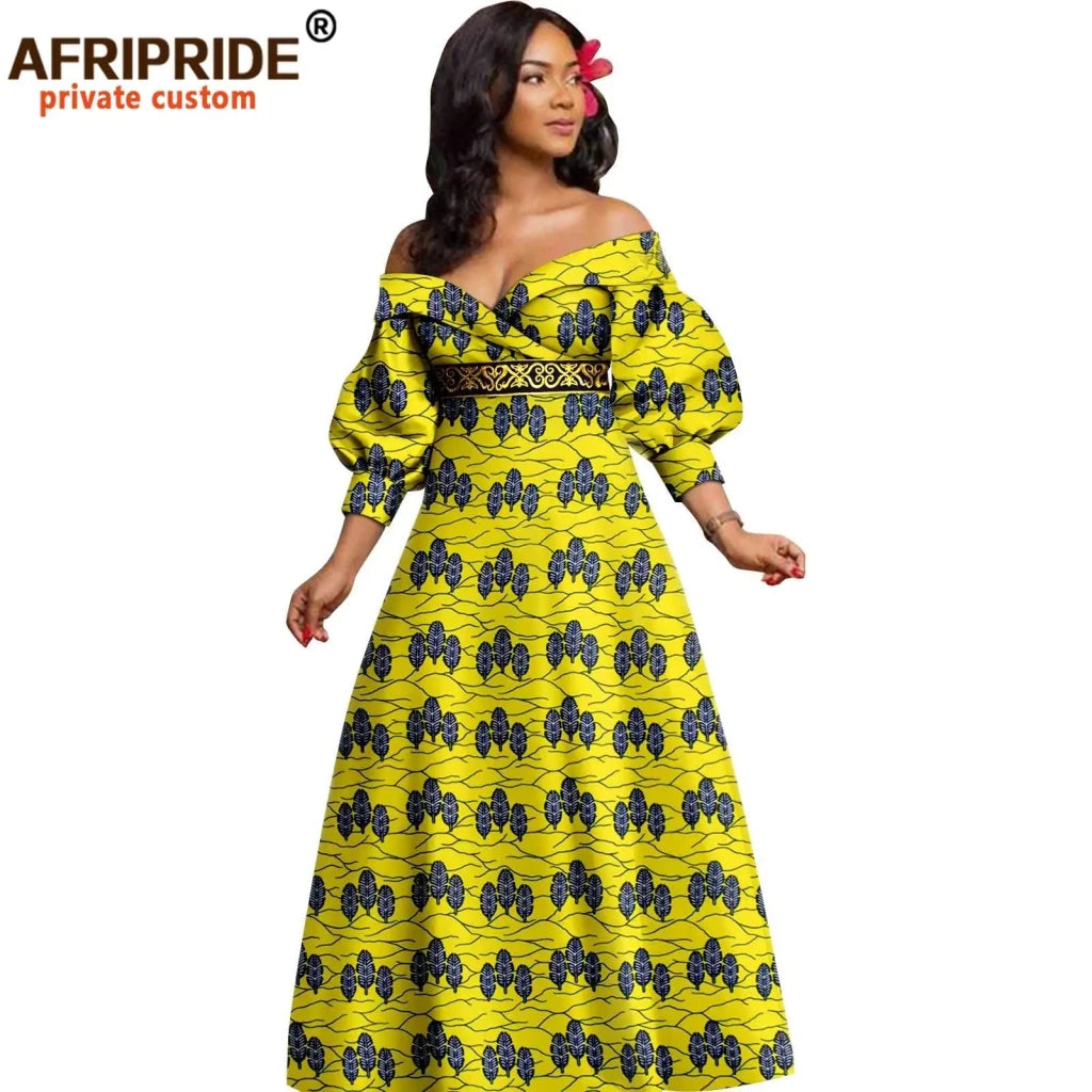 African Ankara Off Shoulder Maxi Dress – Deep V - Neck High Waist Long Dress - Free Delivery Worldwide only at Flexi Africa