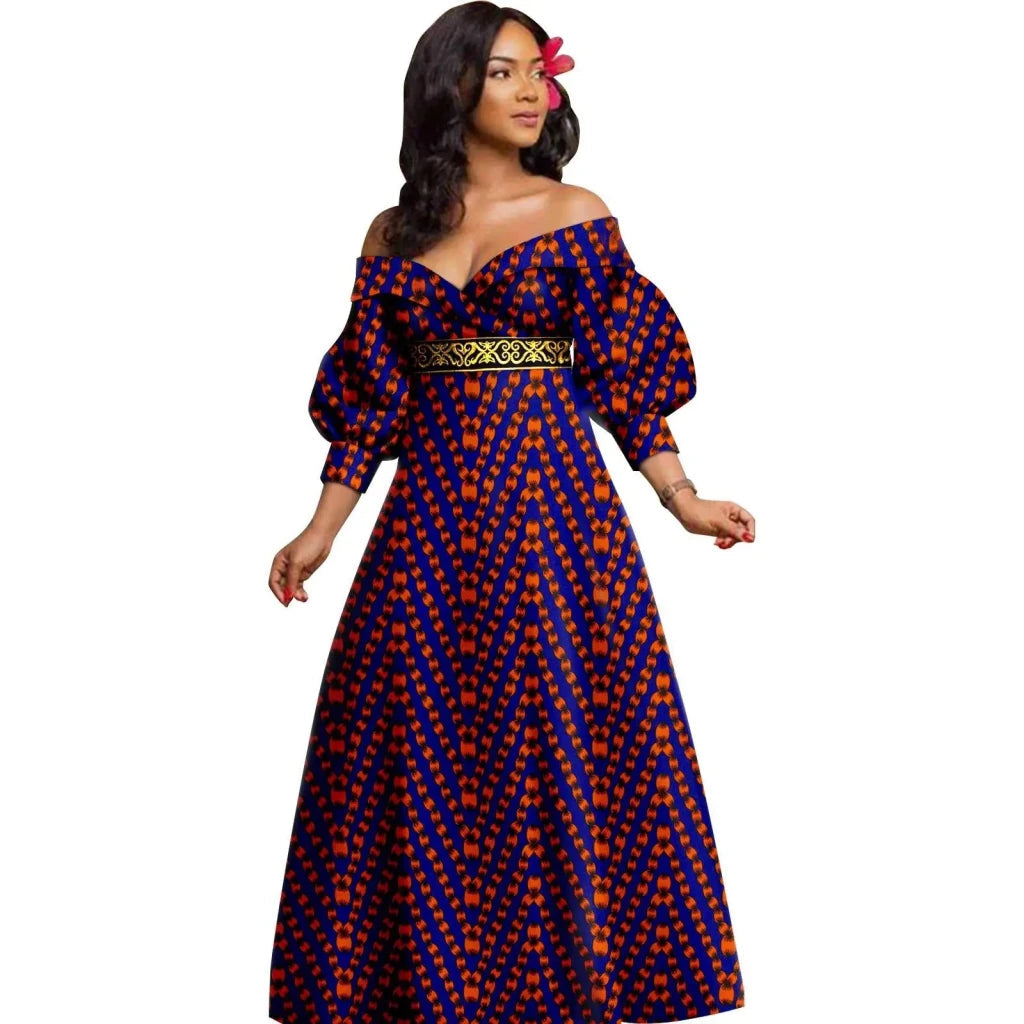 African Ankara Off Shoulder Maxi Dress – Deep V - Neck High Waist Long Dress - Free Delivery Worldwide only at Flexi Africa