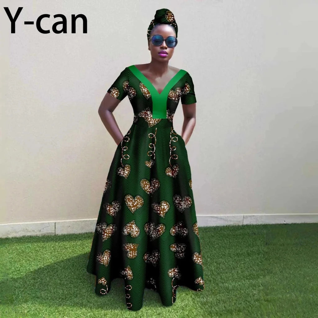 African Ankara Patchwork A - Line Dress – Women’s V - Neck Short Sleeve Party Dress with Headscarf - Free Delivery Worldwide only at Flexi Africa
