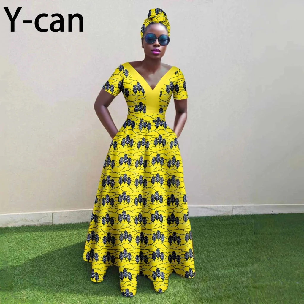 African Ankara Patchwork A - Line Dress – Women’s V - Neck Short Sleeve Party Dress with Headscarf - Free Delivery Worldwide only at Flexi Africa