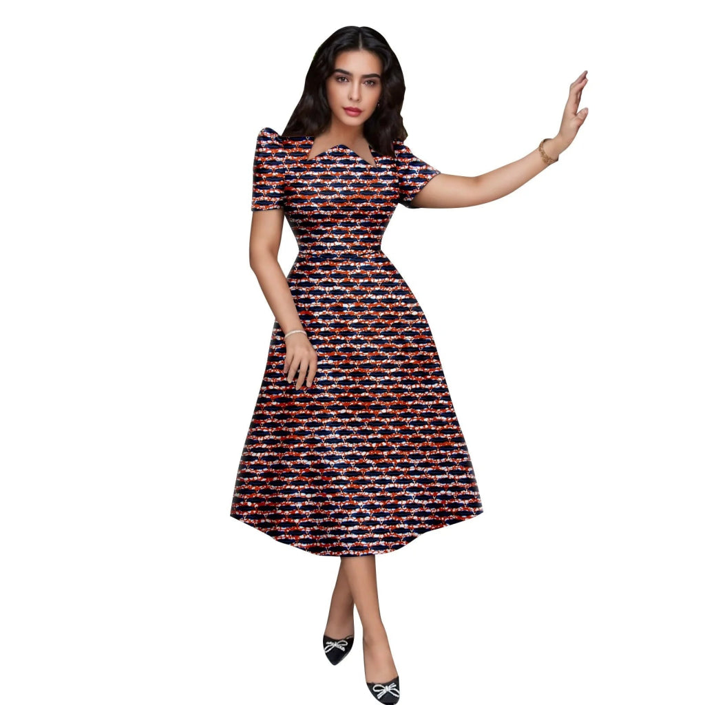 Buy African Print Collar Mid-Calf Dress – Short Sleeve Elegant Party & Casual Wear for only $56.54 at Flexi Africa!