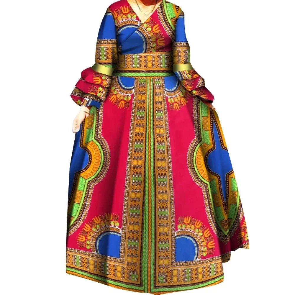 African Ankara Print Long Dress for Women – Draped Bazin Riche Dashiki Style - Free Delivery Worldwide only at Flexi Africa