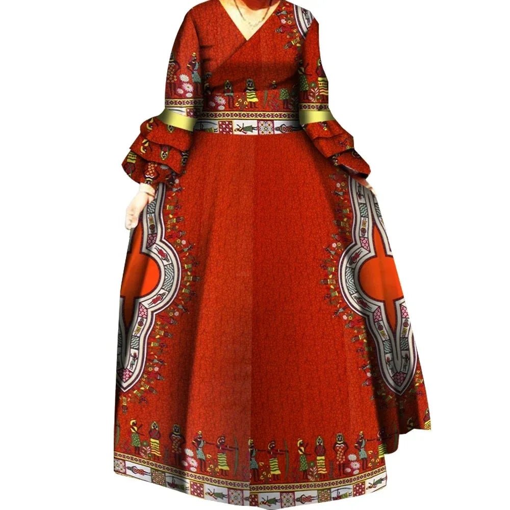 African Ankara Print Long Dress for Women – Draped Bazin Riche Dashiki Style - Free Delivery Worldwide only at Flexi Africa