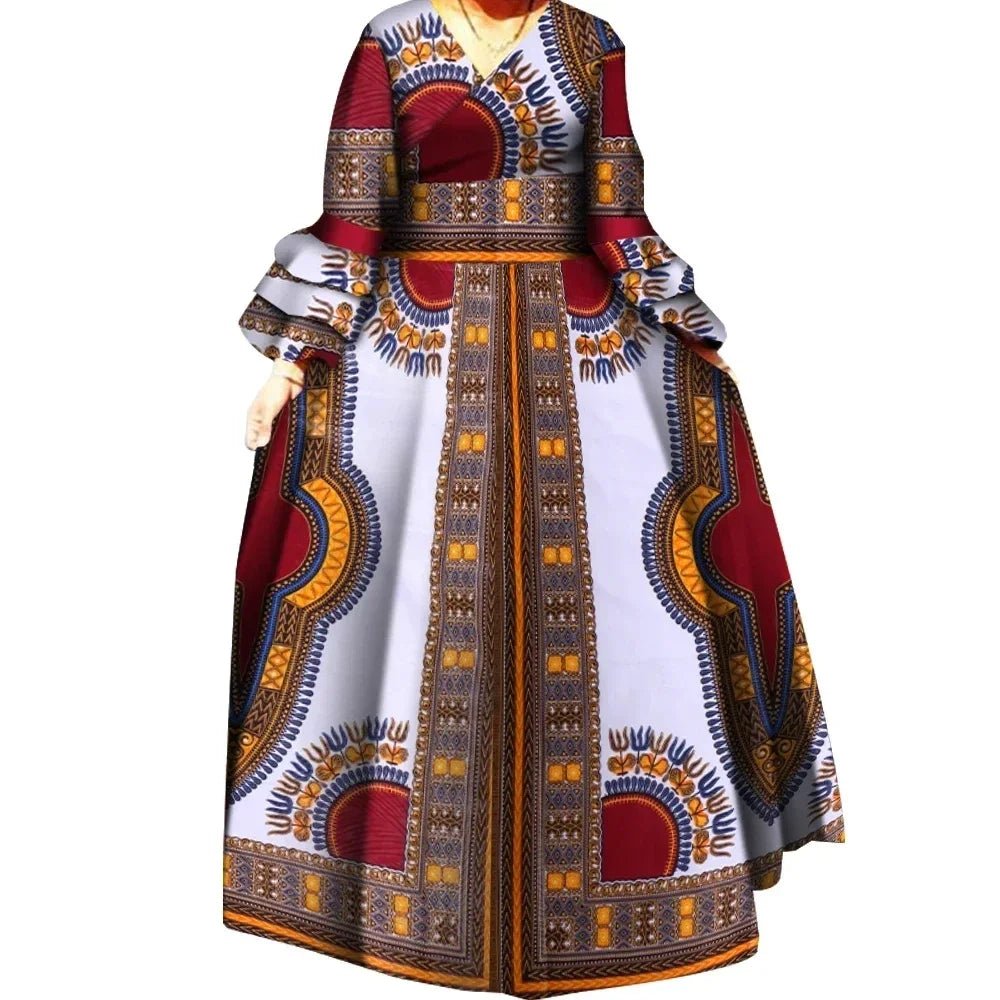 African Ankara Print Long Dress for Women – Draped Bazin Riche Dashiki Style - Free Delivery Worldwide only at Flexi Africa