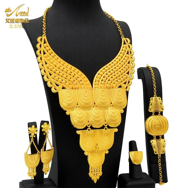 African Bridal Wedding Party Jewelry Set: Gold-Colored Necklace, Earrings, and Big Pendant Ensemble - Flexi Africa - Flexi Africa offers Free Delivery Worldwide - Vibrant African traditional clothing showcasing bold prints and intricate designs