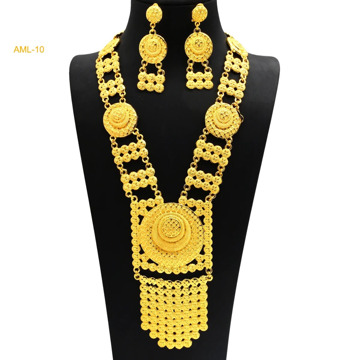 African Bridal Wedding Party Jewelry Set: Gold-Colored Necklace, Earrings, and Big Pendant Ensemble - Flexi Africa - Flexi Africa offers Free Delivery Worldwide - Vibrant African traditional clothing showcasing bold prints and intricate designs