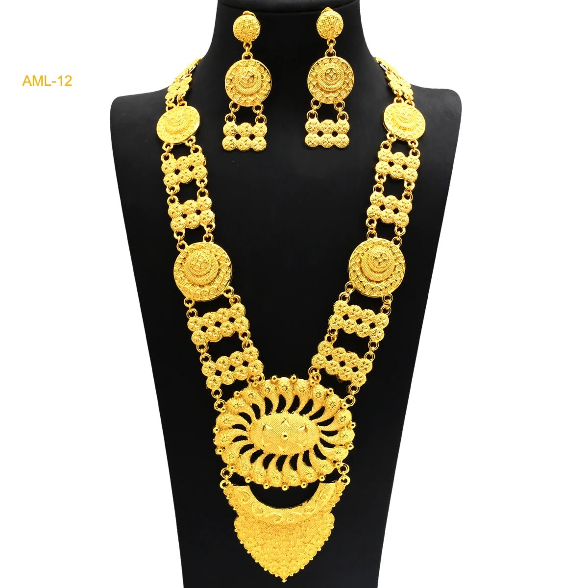 African Bridal Wedding Party Jewelry Set: Gold-Colored Necklace, Earrings, and Big Pendant Ensemble - Flexi Africa - Flexi Africa offers Free Delivery Worldwide - Vibrant African traditional clothing showcasing bold prints and intricate designs