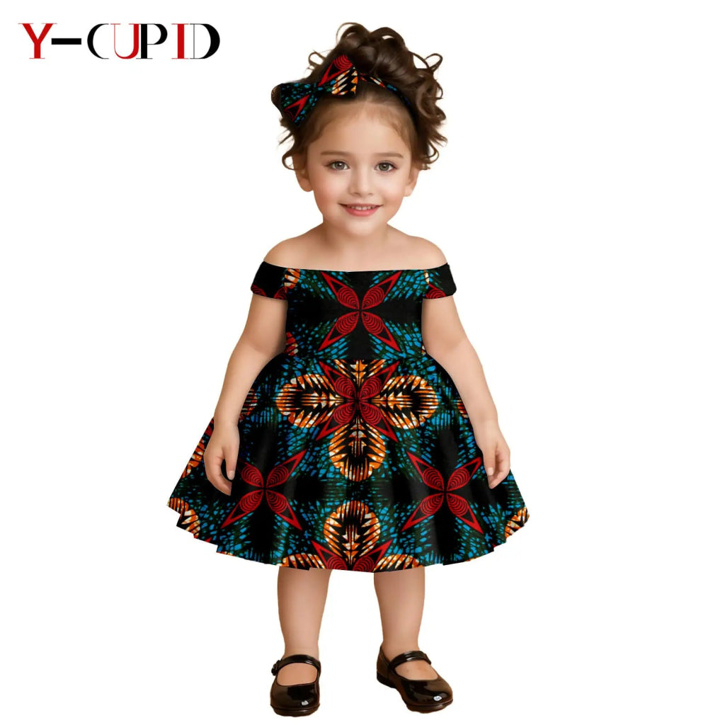 African Clothes for Kids Girls – Ankara Print Slash Neck Party Dress with Bow Headband - Free Delivery Worldwide only at Flexi Africa