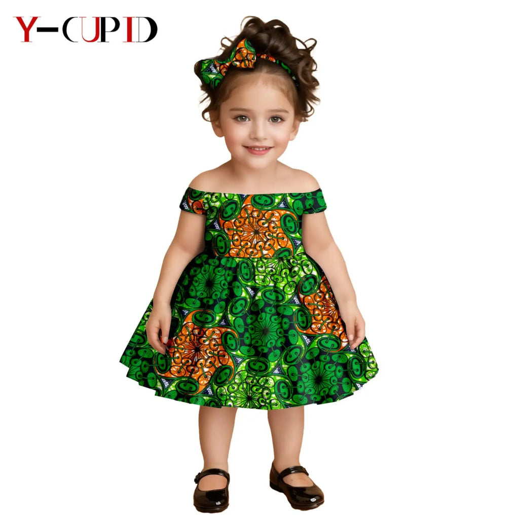 African Clothes for Kids Girls – Ankara Print Slash Neck Party Dress with Bow Headband - Free Delivery Worldwide only at Flexi Africa