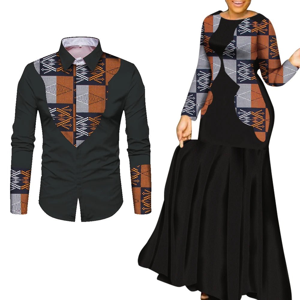 African Couple Matching Outfits – Elegant Lovers’ Traditional Clothing Set, Men’s Shirt & Women’s Long Maxi Dress - Free Delivery Worldwide only at Flexi Africa