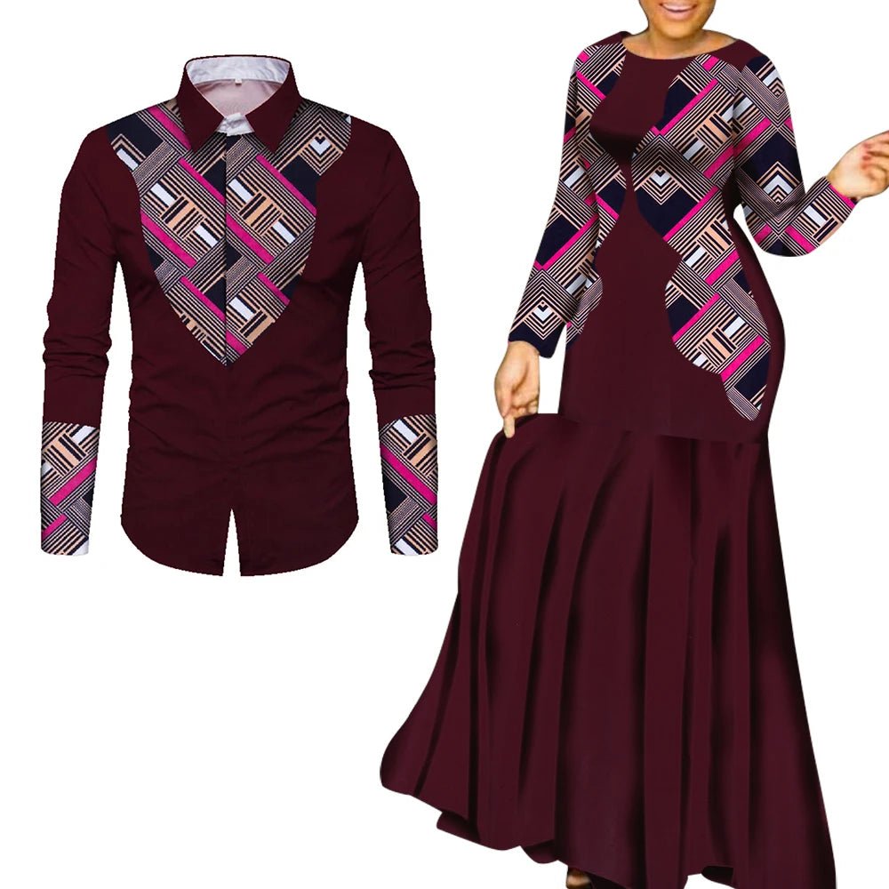 African Couple Matching Outfits – Elegant Lovers’ Traditional Clothing Set, Men’s Shirt & Women’s Long Maxi Dress - Free Delivery Worldwide only at Flexi Africa
