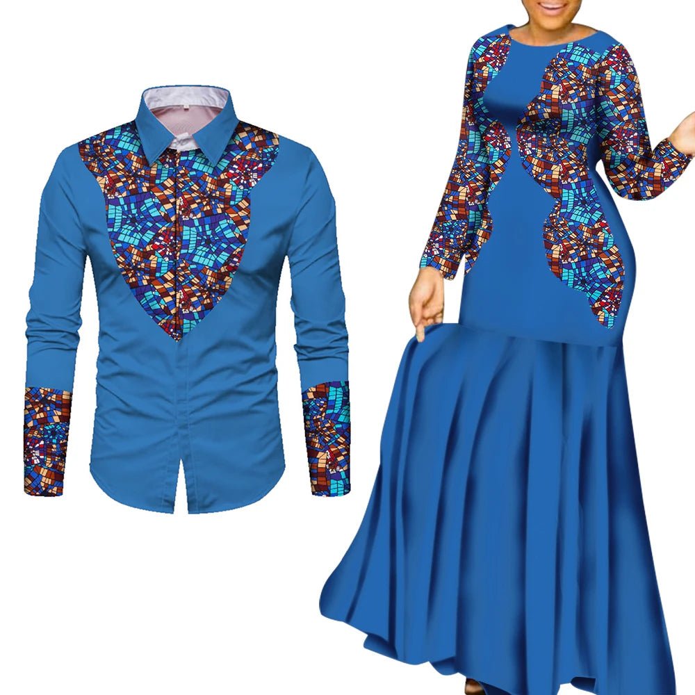 African Couple Matching Outfits – Elegant Lovers’ Traditional Clothing Set, Men’s Shirt & Women’s Long Maxi Dress - Free Delivery Worldwide only at Flexi Africa