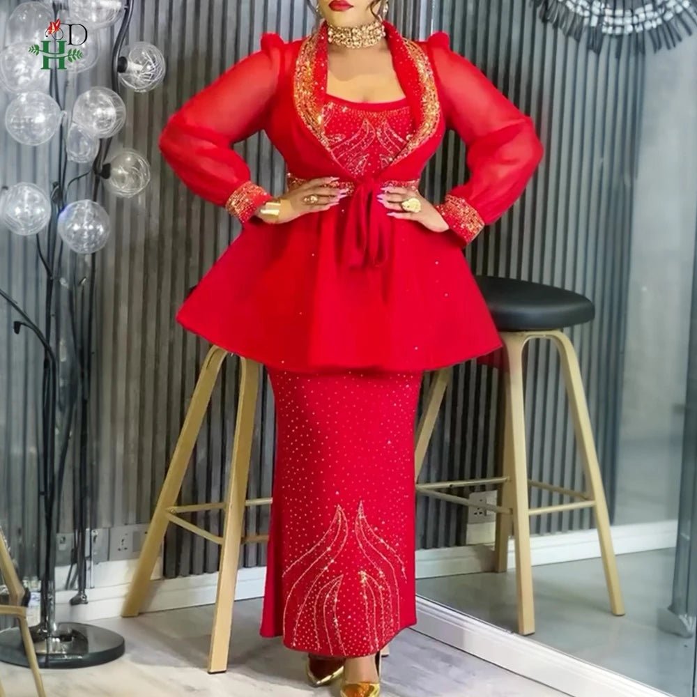 African Dashiki 2PC Set for Women – Diamond Embellished Evening Gown with Matching Coat - Free Delivery Worldwide only at Flexi Africa