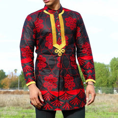 African Dashiki Dress Shirt: Red Floral Print Men's Fashion for Hip Hop with Traditional Vibes - Free Delivery Worldwide