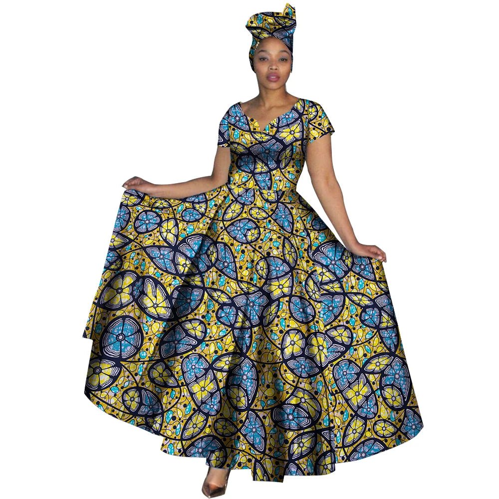 African Dashiki Women’s Maxi Dress – Ankara Print V - Neck Long Dress with Head Scarf - Free Delivery Worldwide only at Flexi Africa
