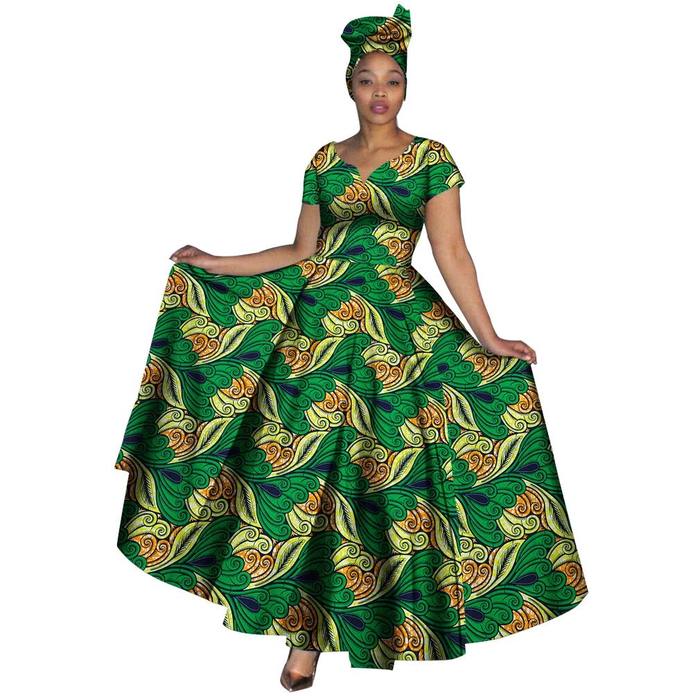 African Dashiki Women’s Maxi Dress – Ankara Print V - Neck Long Dress with Head Scarf - Free Delivery Worldwide only at Flexi Africa