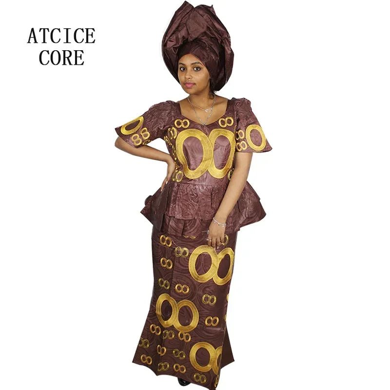 African Dress For Women Bazin Riche Embroidery Design Top Wrapper With Scarf - Free Delivery Worldwide only at Flexi Africa